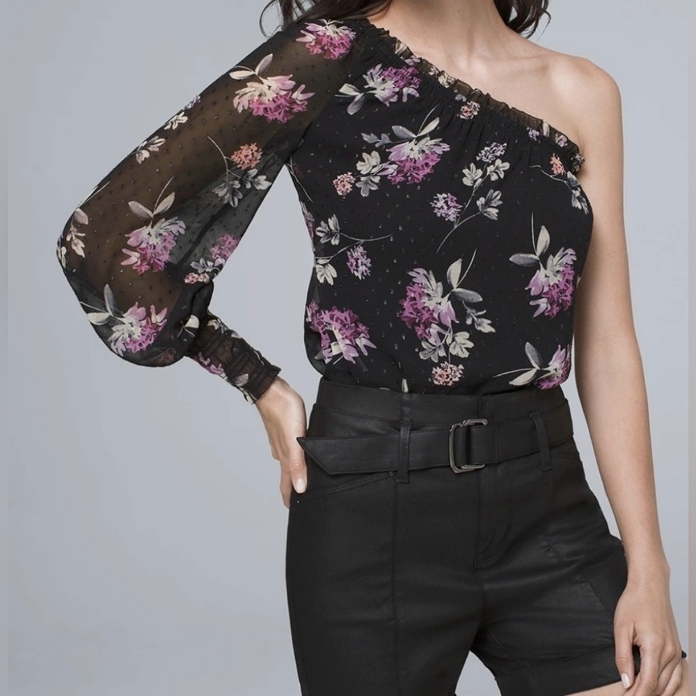 White House Black Market One Shoulder Sheer Ruffle Floral Top Size Small